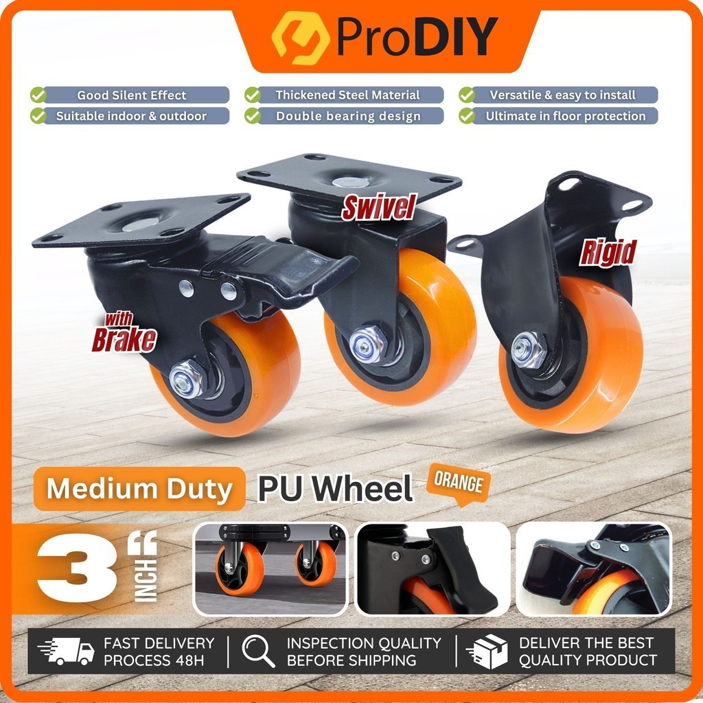 MEDIUM DUTY 3 INCH Caster PU Wheel Orange Rigid Swivel With Brake 360 Degree Industrial Quiet Replacement Wheel Trolley