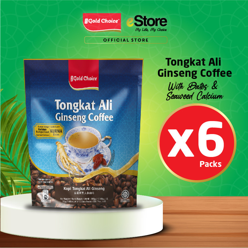 GOLD CHOICE Tongkat Ali Ginseng Coffee With Dates And Seaweed Calcium- (30g X 12'S) # 6 Packs Bundle