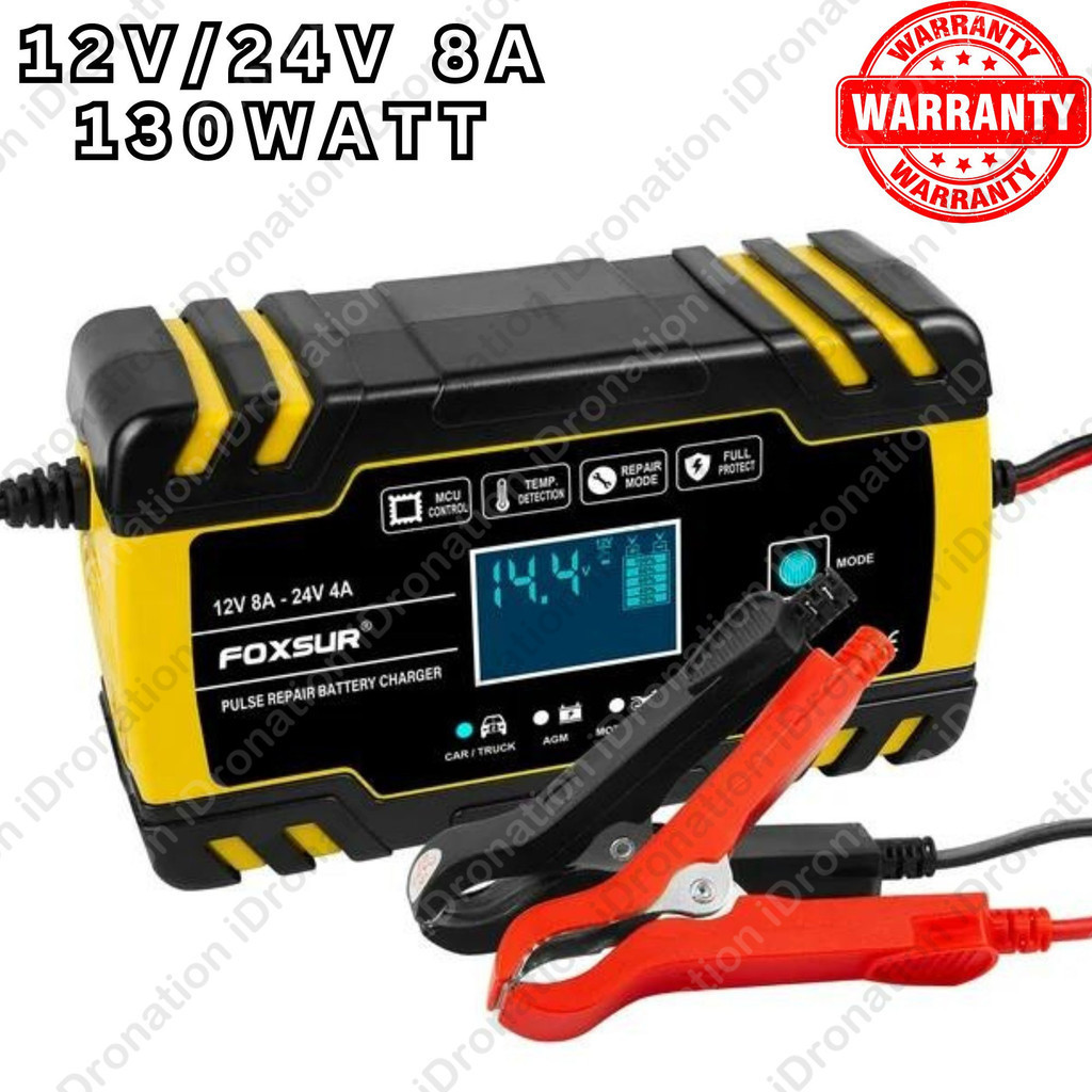 FOXSUR 130W 12V 24V 8A Fast Car Battery Charger Lead Acid Pengecas Bateri Kereta Motorsikal Restore Charge Pulse Repair