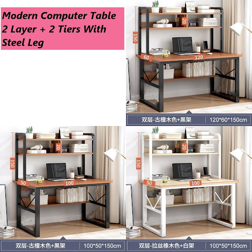 SellerPick Computer Desktop Desk With Bookshelf Integrated Student Writing and Reading Desk 3 Layer Storage Rack