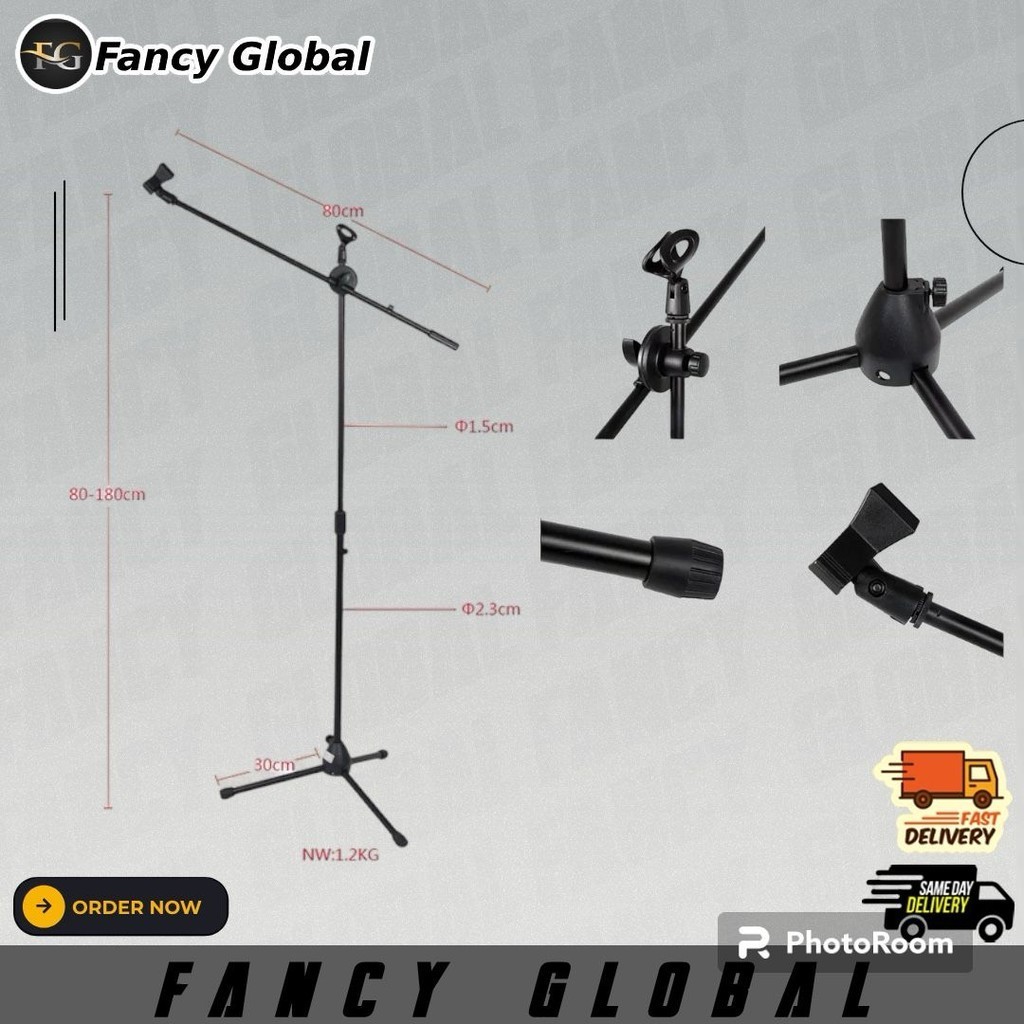 Mic Stand Stage Microphone tripod Adjustable Swing Boom Floor Retractable Holder Karaoke with 2 Clips