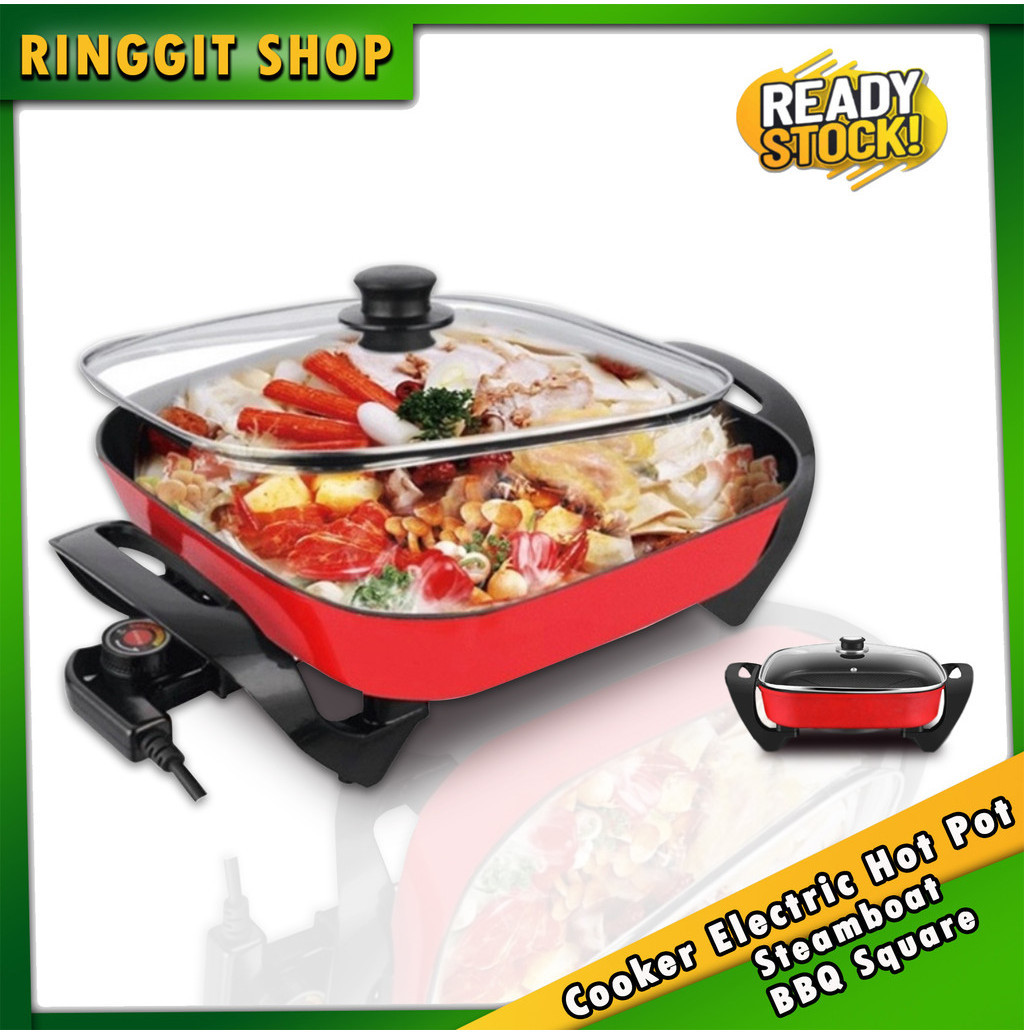 Ringgit Shop Cooking Pot Cooker Electric Hot Pot Steambot BBQ Square Pot Periuk Masak Non-Stick Electric Frying Pan