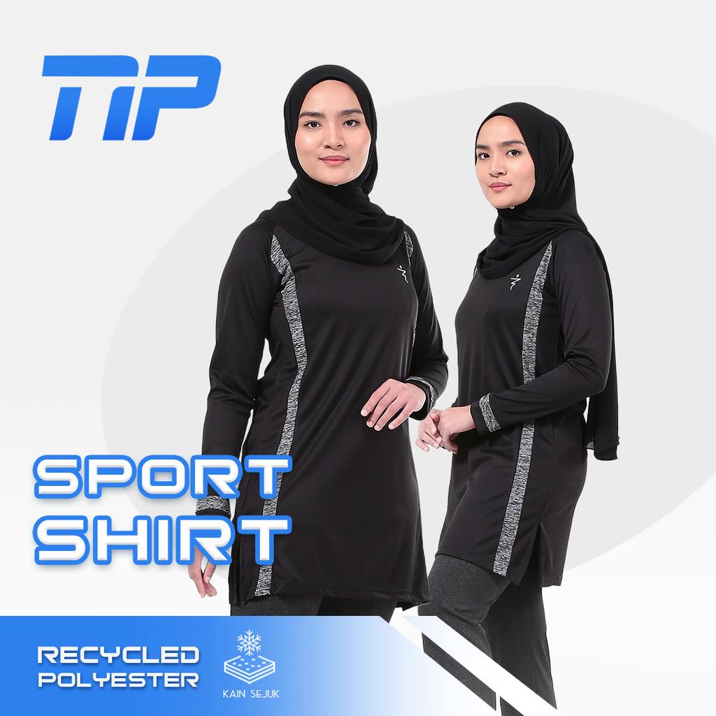 Baju Sukan Muslimah Lengan Panjang 100% Recycled Polyester Kain Sejuk Sport Shirt M-3XL