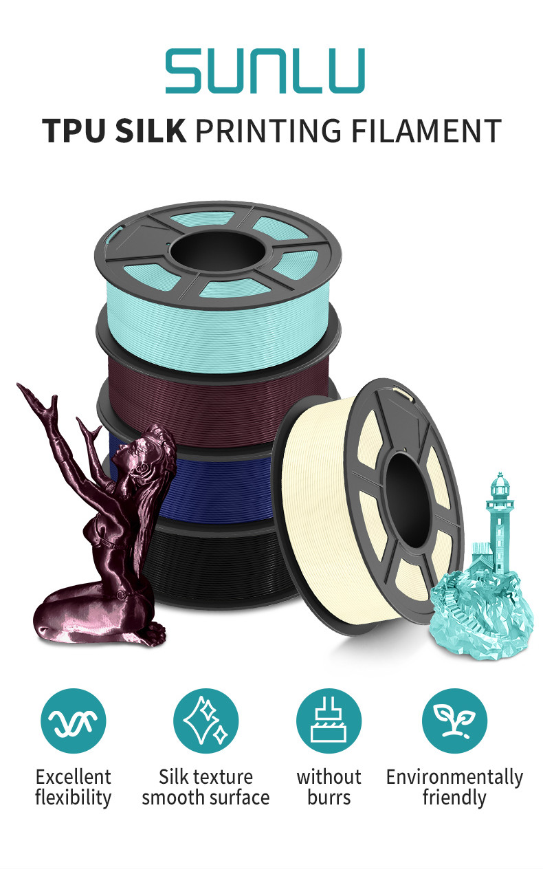 Sunlu tpu silk filament 1kg 1.75mm 3d filament 1kg, tpu elastic filament resin molding filament, environmental friendly