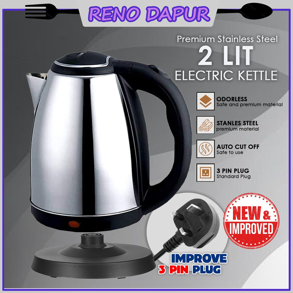 [MALAYSIA 3 PIN PLUG] 2Lit Stainless Steel Electric Kettle Heat Automatic Cut Off Jug Kettle Boil Hot Cerek Air Panas