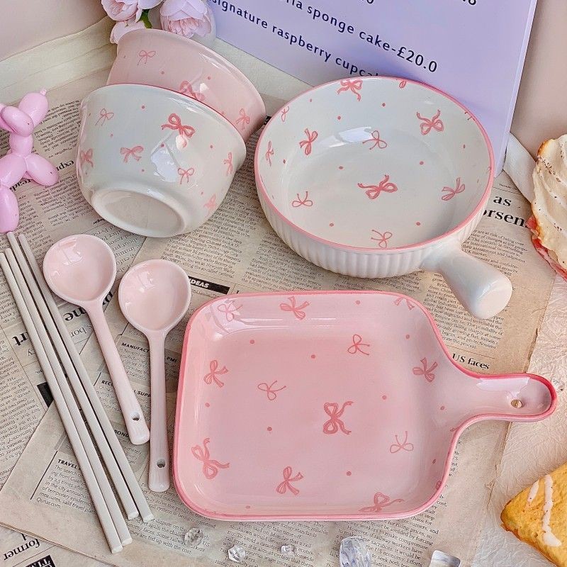 Bow Ceramic Bowl Set High Temperature Resistant Rice Bowl Tableware Household Handle Plate