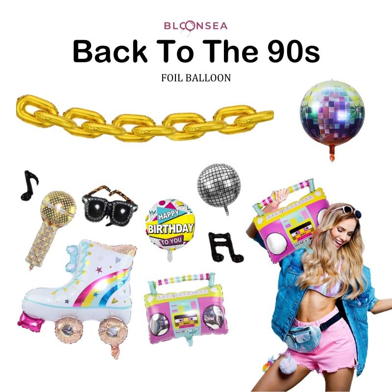 90s Retro Series Balloon Roller Skates Radio Disco Ball Music Note Microphone Dance Happy Birthday Party Sunglasses Foil