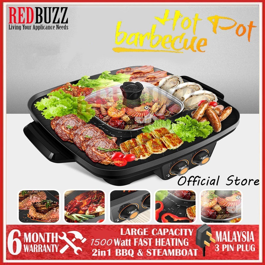 REDBUZZ 2in1 Square BBQ Grill &Steamboat Big Size Hot Pot Shabu Roast Fry Pan-Two Switch Control Electric BBQ Grill