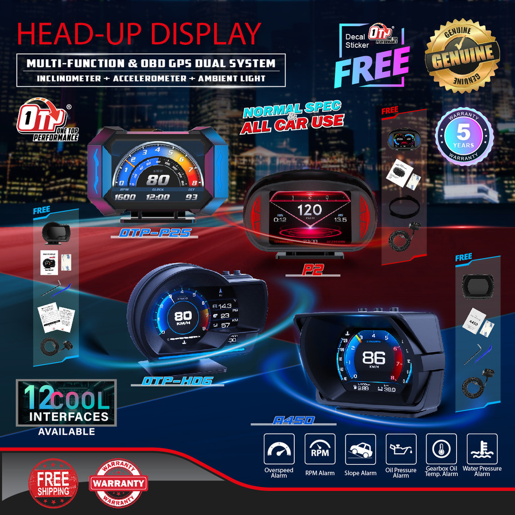 OTP-H06+ A450 P2 OBD2 Meter Gauge Meter P6 OBD Meter Car GPS Alarm Speed Gauge display Water temp RPM Turbo Boost HUD