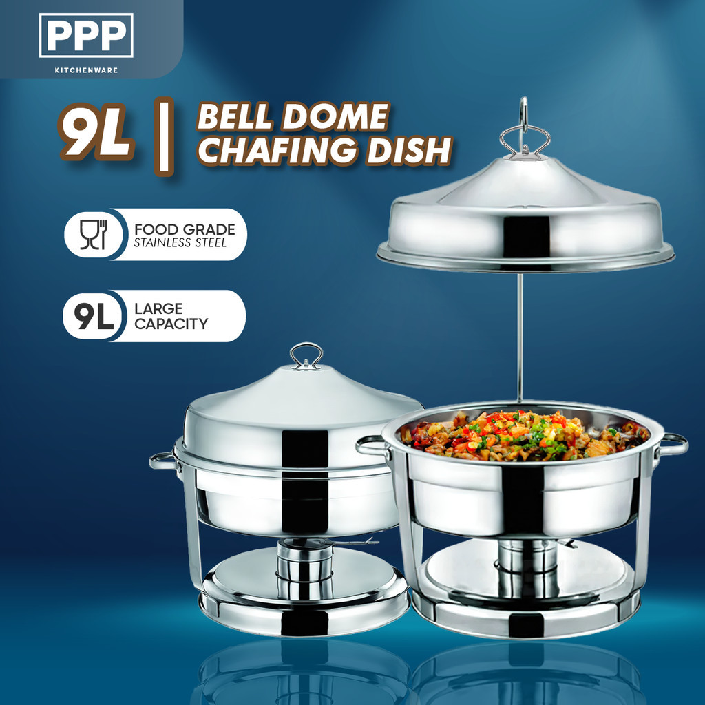 9L Stainless Steel Bell Dome Chafing Dish Buffet Serving Dishes Hanging Dome, Set Hidangan Buffet Keluli Tahan Karat