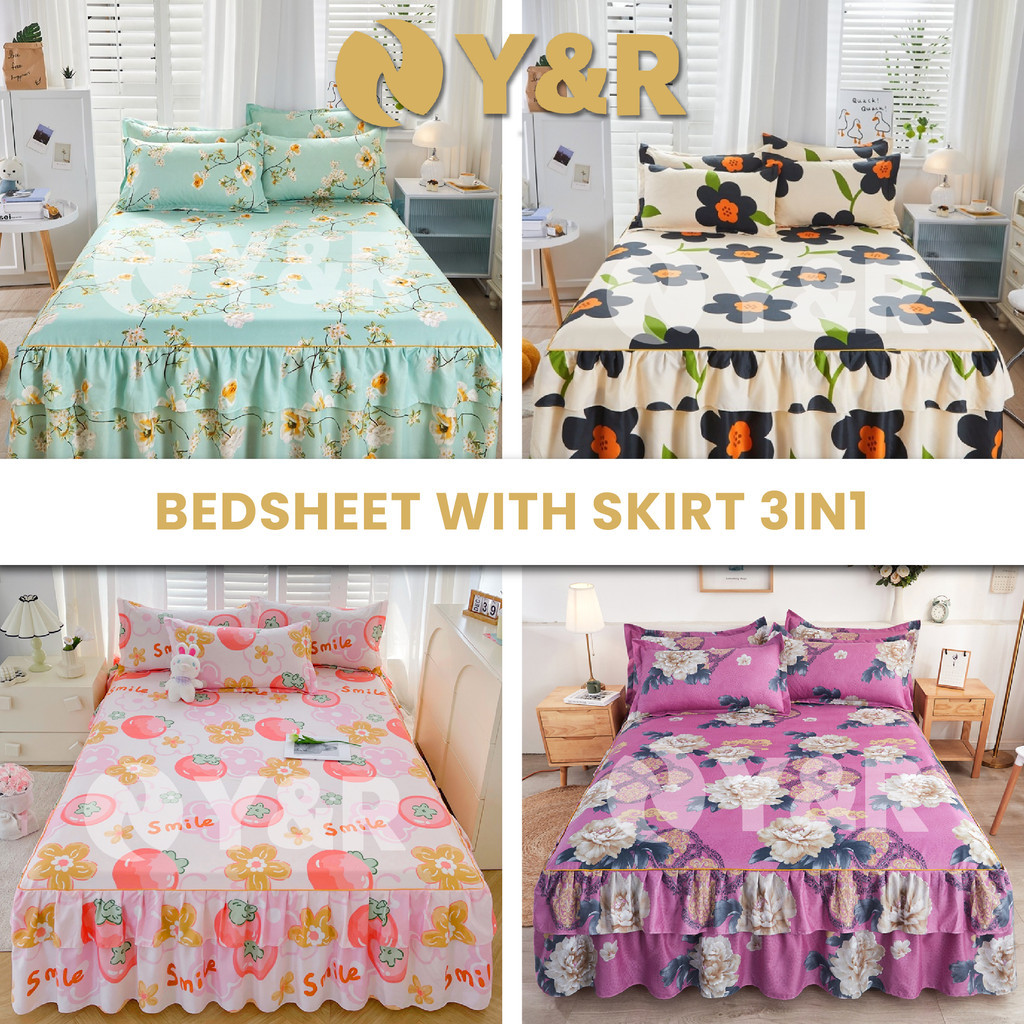 Y&R3 IN 1 Cadar Ropol Set Queen/King Size Premium High Quality Fitted Bedsheet Bed Skirt Bedspread Set