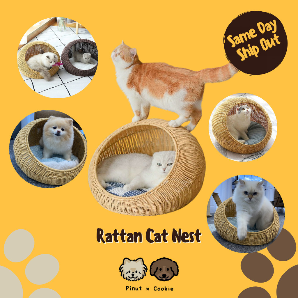 [Pinut x Cookie]Premium Rattan Cat Nest with Cushion Bed Cat Bed Katil Kucing Tempat Tidur Kucing