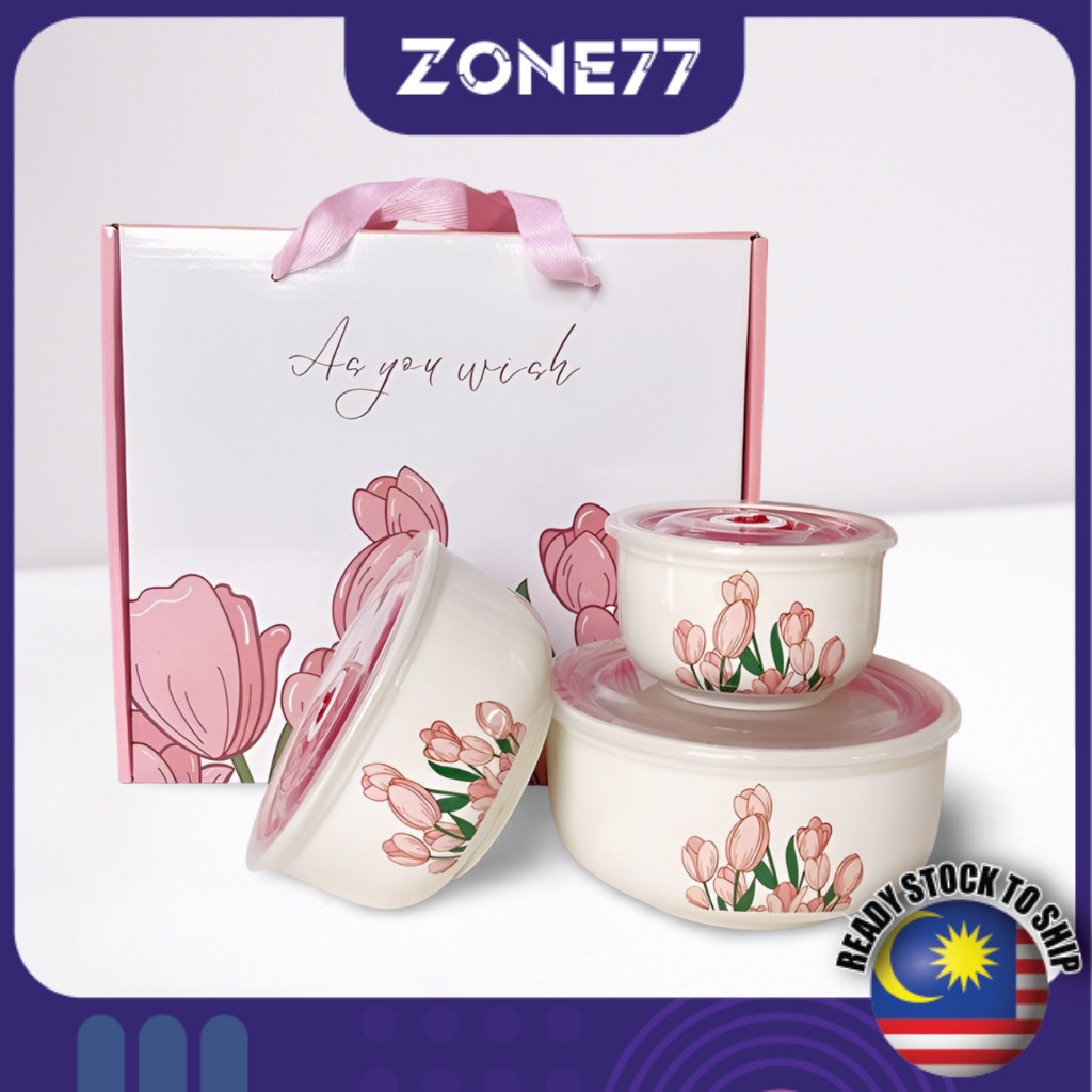 3PCS Bowls Set Ceramic Bowl Food Container With Lids Containers Kitchenware Utensils Microwave Girl gift