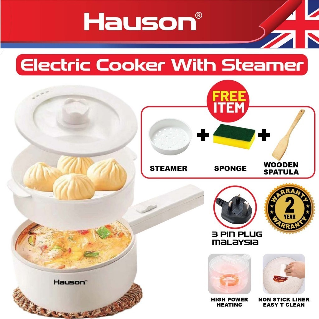 Hauson 2L Ceramic Electric Cooker with Tray Periuk Serbaguna Sleek Design Steamer Non Stick Frying Pan