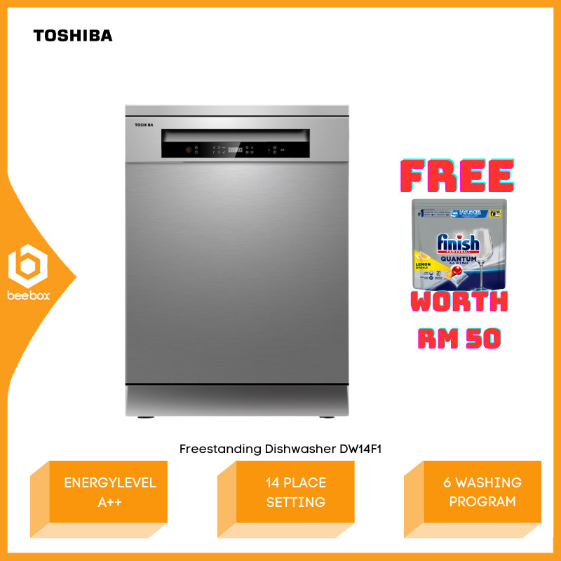 Toshiba DW-14F1 Free Standing Dishwasher UV-LED Anti-Bacterial Dual Wash Zone 14 Place Setting Max 118 pieces 6 Programs