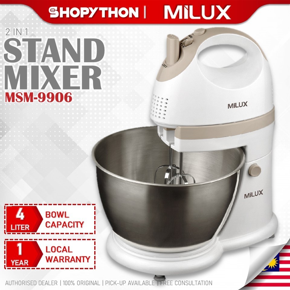 MILUX Stand Mixer MSM-9906 (4.0L/300w) 2 in 1 Hand Mixers with Stainless Steel Bowl 4 Liter Detachable 5 Speed Turbo