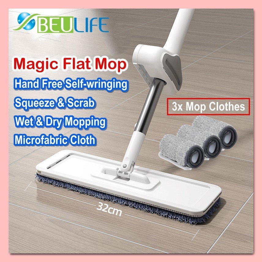 BEULIFE Hand Free Self-Wringing Magic Flat Mop Microfiber Fabric Floor Cleaning Mop Lantai Serbaguna