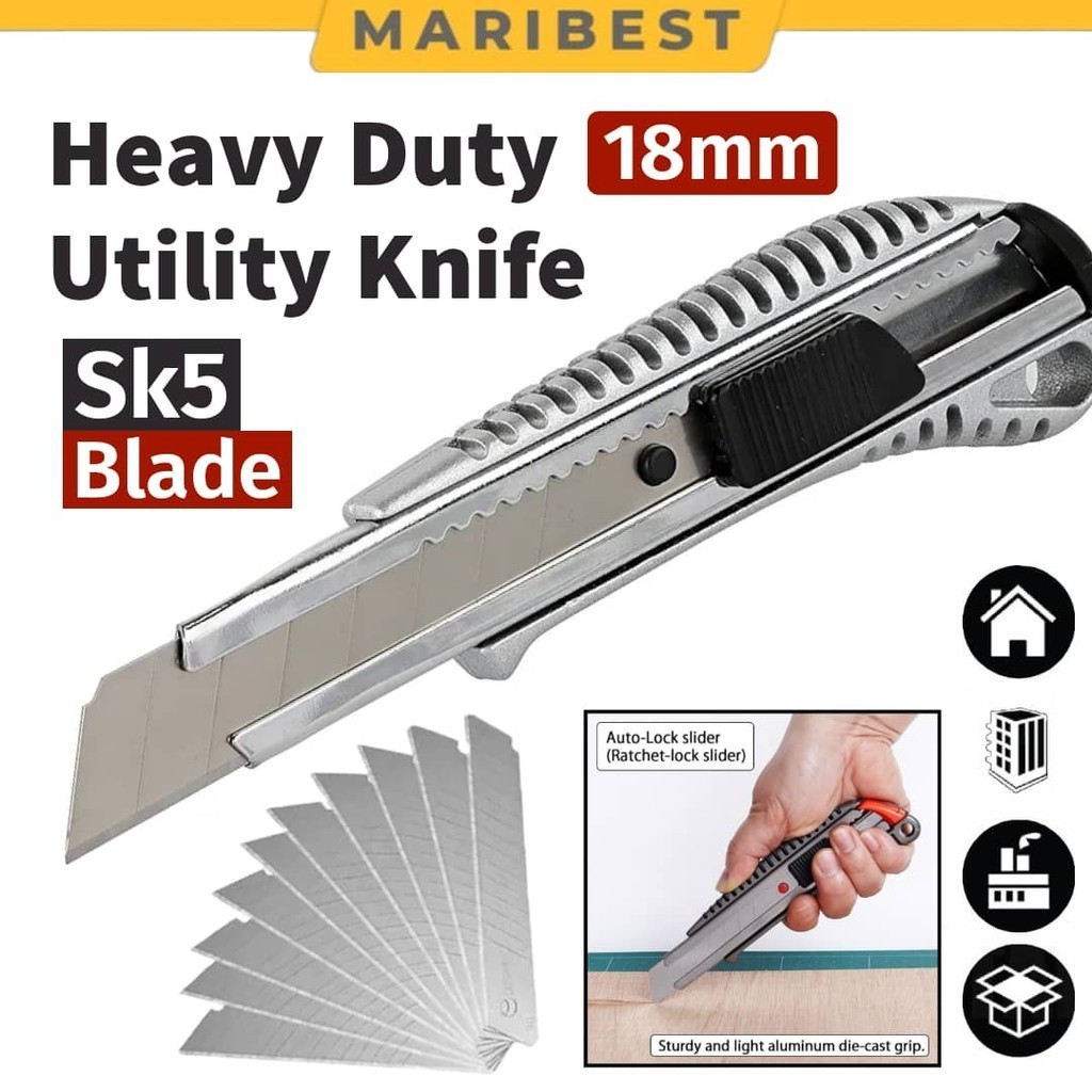 HEAVY DUTY 18mm Cutter Knife Paper Cut Blade Pisau Pemotong Pisau Tolak Replaceable Blade Metal Handle 刀片/美工刀 Stationary