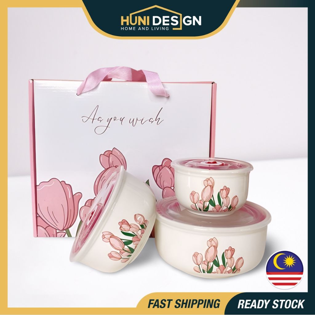 HUNI 3PCS Bowls Set Ceramic Bowl Food Container With Lids Containers Kitchenware Utensils Microwave Girl gift
