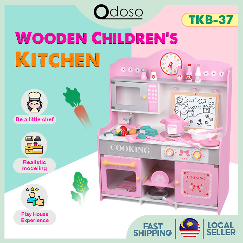 Odoso Pink European Wooden Kitchen Playset With Drawing Board/Oven【Free Utensils Sets】Chef Pretend Play - TKB 37