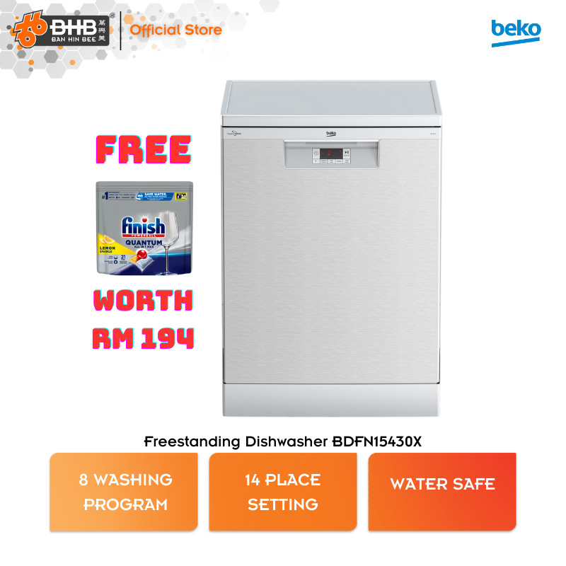 Beko Freestanding Dishwasher with 14 place settings BDFN15430X 60cm Full-size Pearl Inox Water Safe Pencuci Pinggan