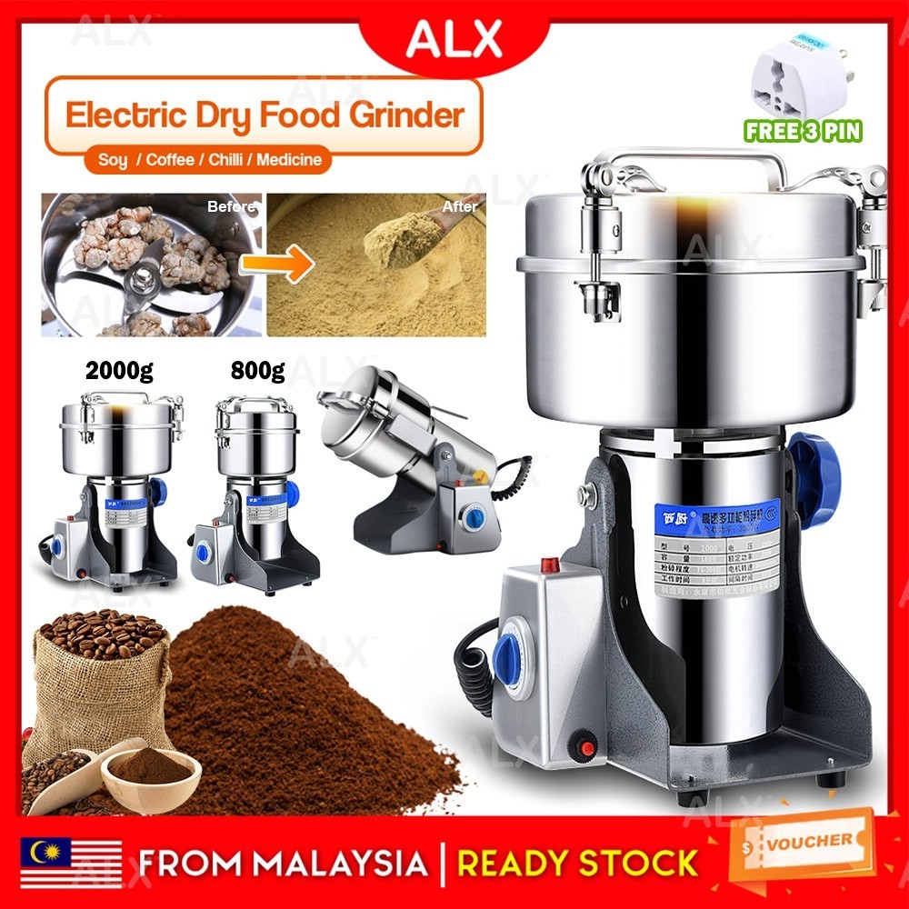 ALX 2000g Malaysia 3Pin Electric Grain Grinder Machine 430Stainless Steel Coffee Grain Flour Powder Pengisar Serbuk磨粉碎粉机