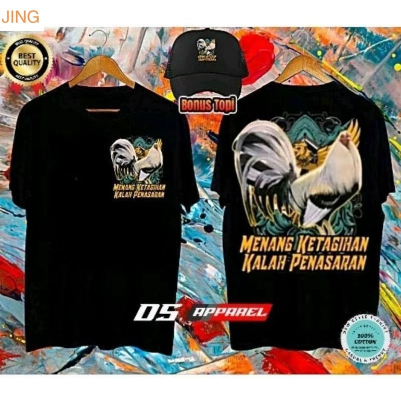 ((JING02) KAOS BONUS TOPI AYAM MENANG KETAGIHAN KALAH PENASARAN