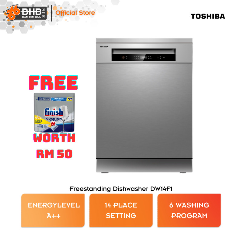 Toshiba DW-14F1 Free Standing Dishwasher UV-LED Anti-Bacterial Dual Wash Zone 14 Place Setting Max 118 pieces 6 Programs