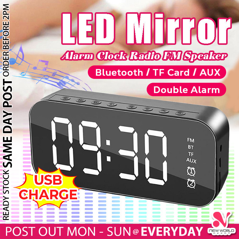 《 》Bluetooth Mirror FM Radio Music Box Smart Digital LED Speaker Alarm Clock Subwoofer Wireless G10 Jam 蓝牙闹钟