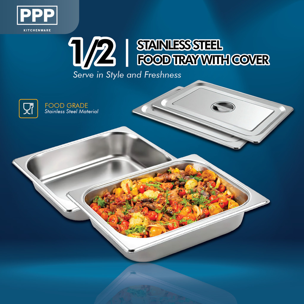 Stainless Steel Food Tray with Lid Half Size Buffet Tray Serving Dish Food Pan, Bekas Makanan Keluli Tahan Karat