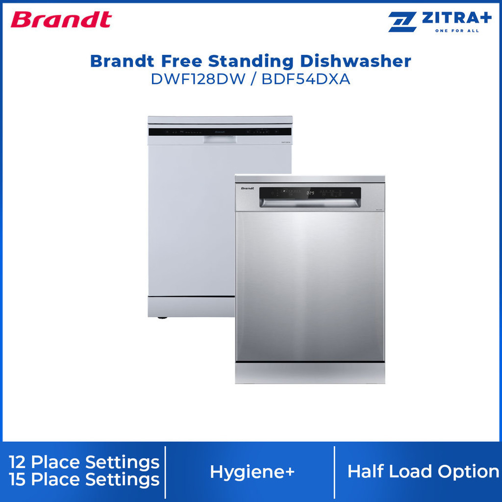 Brandt 12/15 Place Setting Free Standing Dishwasher DWF128DW/BDF54DXA | Hygiene+ | Extra Drying | Up to 24 hours