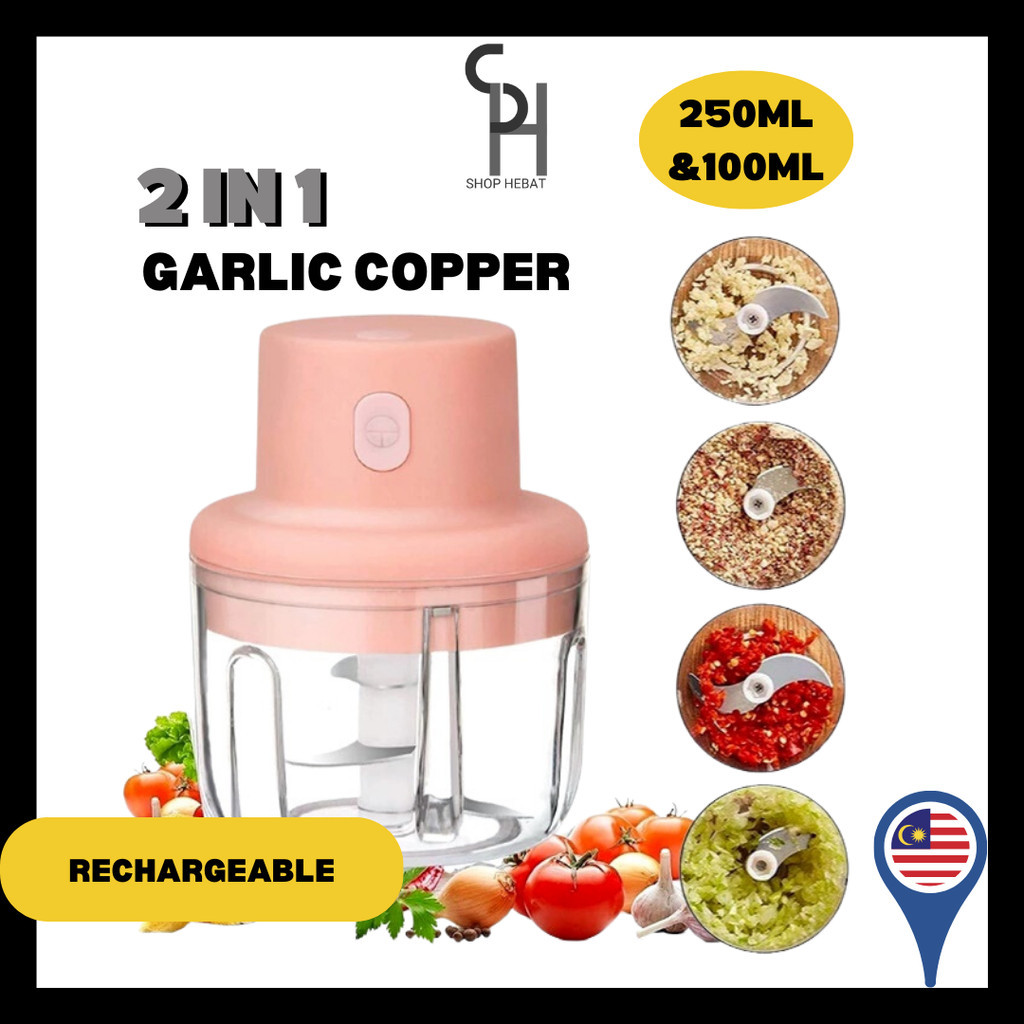 HEBAT👍 2in1 set 250ml & 100ml Garlic blender cordless USB rechargeable Food chopper Puree Chilli Mixer Food processor