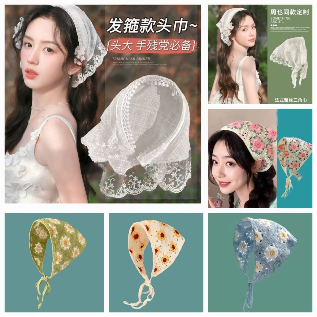 French Headscarf Pastoral Style Triangular Lace Head Scarf Waist Scarf Woman Headband Hair Accessories