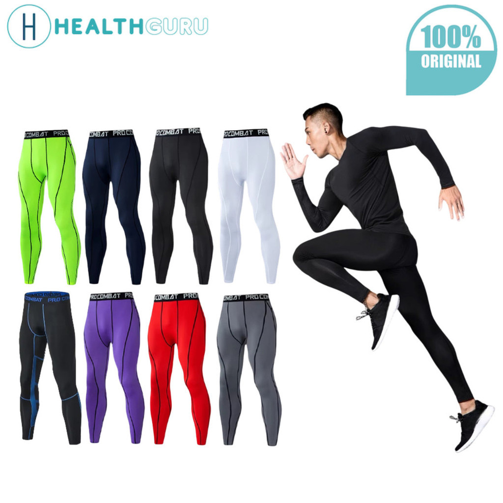 HealthGuru Men Gym Tights Pants Men Gym Pants Outdoor Jogger Exercise Seluar Fit Pants (Black / Silver)