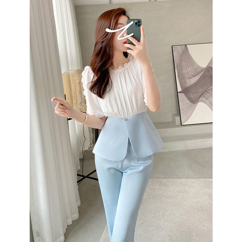 High-end professional attire, goddess style suit, summer fashion workplace commuting blue wide-leg pants two-piece set w