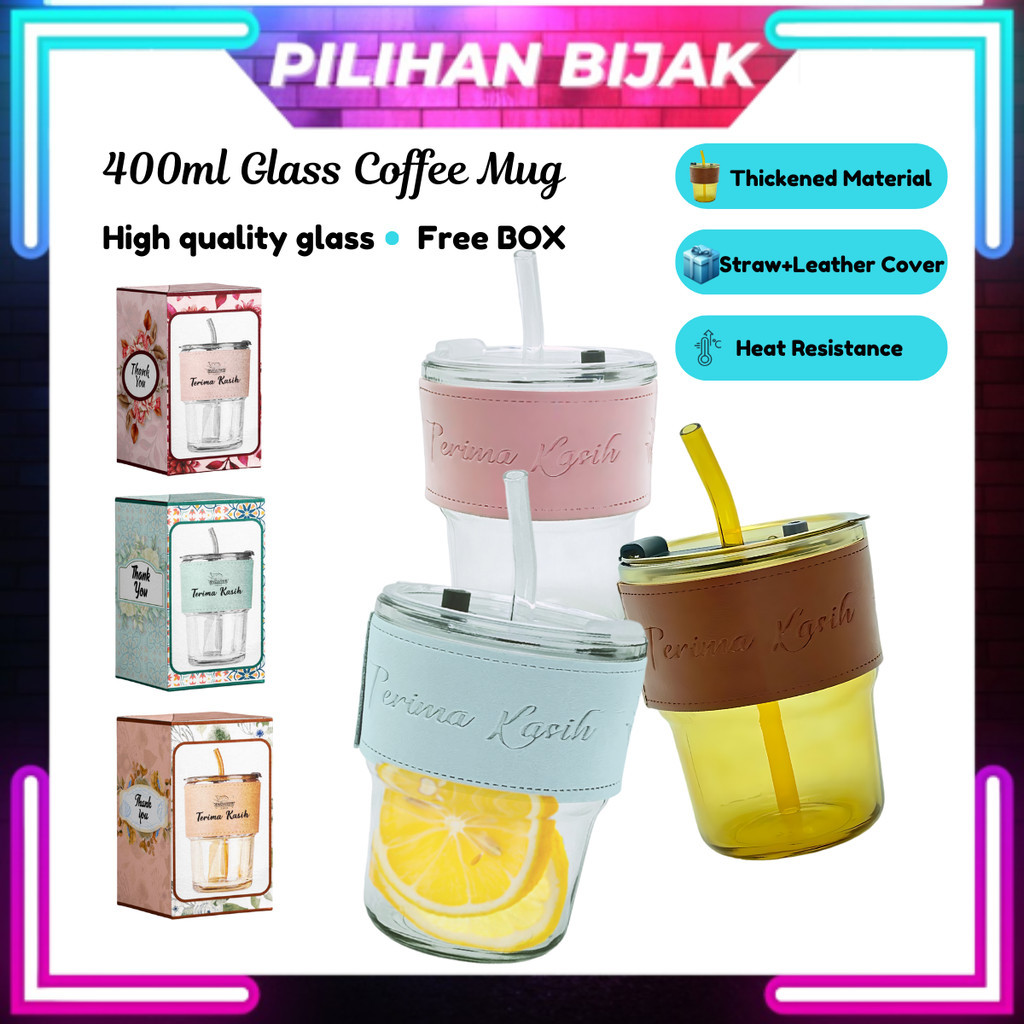 Glass Straw Cup With Lid Travel Mug Heat Cold Resistance Iced Water Bottle Mug Kaca Doorgift Kaca Cawan Kopi Comel