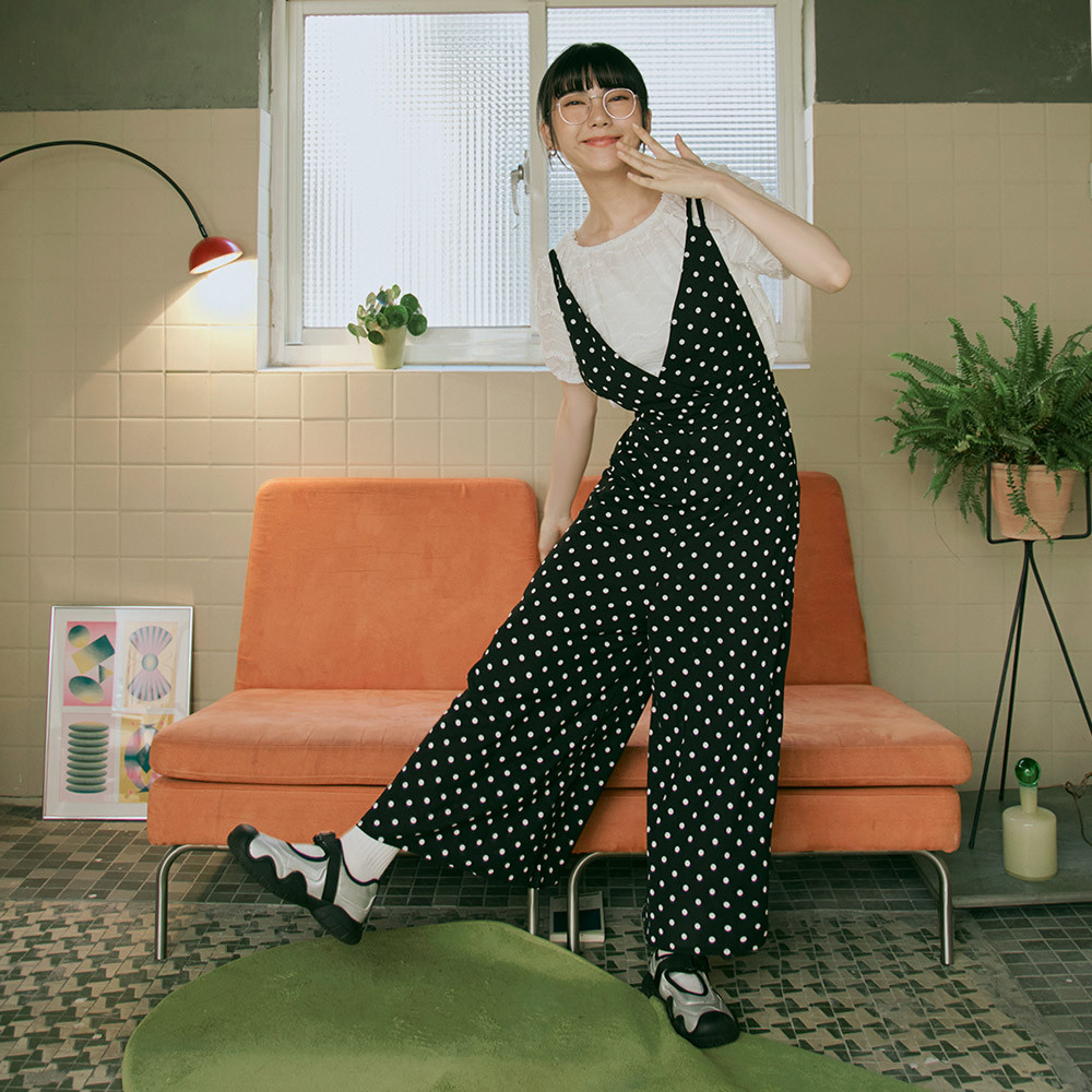 OB Strictly Selected Modern Dots V-Neck Waist Elastic Jumpsuit Suspenders < BA5490 > Japanese Style/Large Size/Ready Stock/Women's Clothing