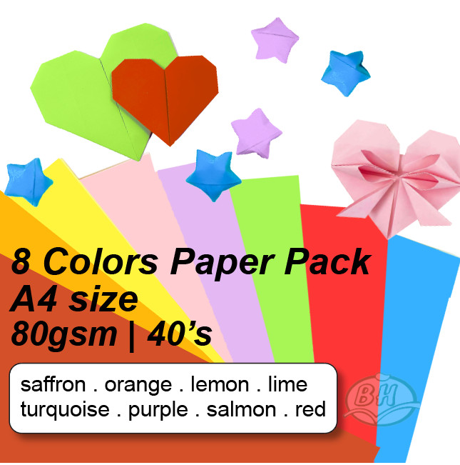 A4 8 Color Mix 80g Color Paper (40pcs) Red, Saffron, Orange, Lemon, Turquoise, Purple, Salmon, Lime