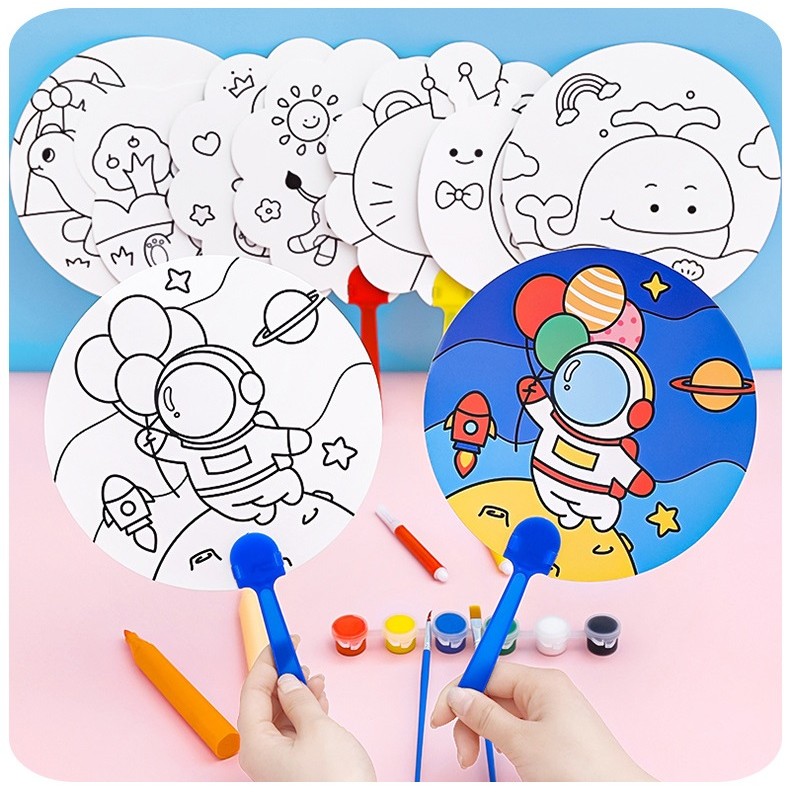 Cute Hand Paint Paper Fan Coloring DIY Craft Project Drawing Toys Children Kipas Tangan Mewarna 上色纸扇