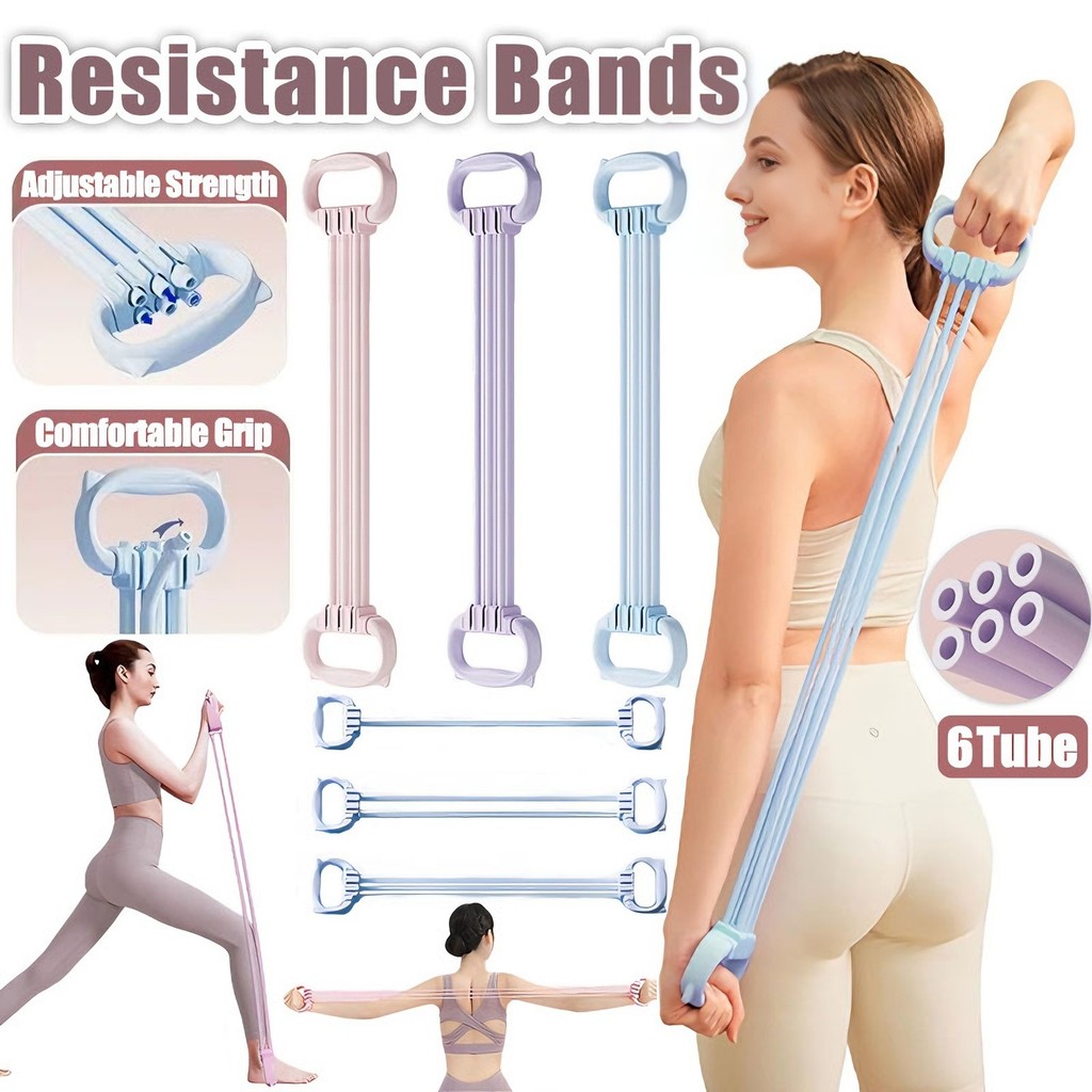 Ship 24H 6 Tube Resistance Band Adjustable Elastic Band Multifunction Exercise Band Open Shoulder Stretching Band Back Leg Stretching Slimming Yoga Training Excercise Equipment 拉力带