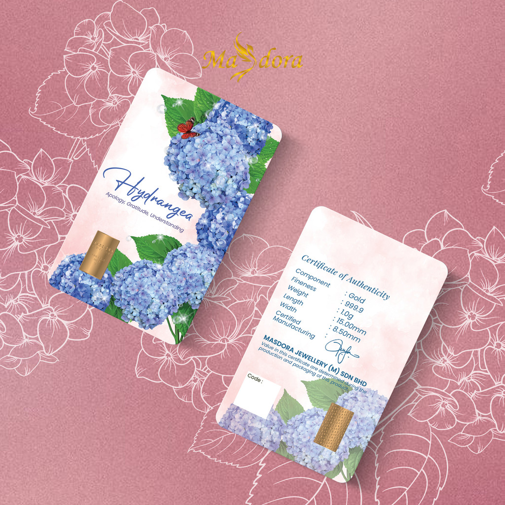 MASDORA 999.9 Gold Bar 1.00GM Flower Series ~ Hydrangea (EMAS 999.9/24K)