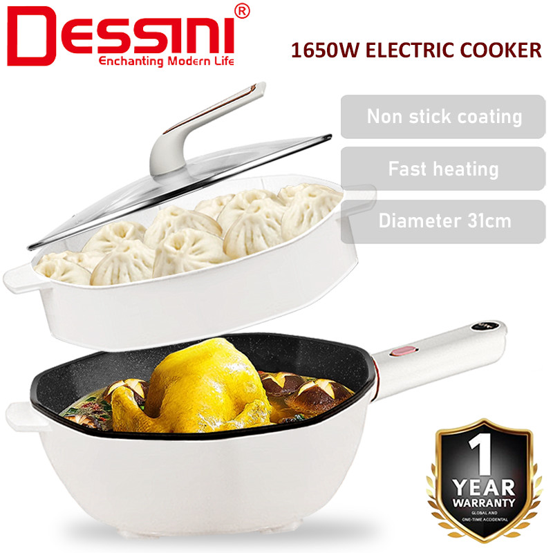 DESSINI ITALY Electric Cooker Steamboat Hot Pot Non Stick Frying Wok Pan Rice Cooker with Steamer Periuk Masak Elektrik