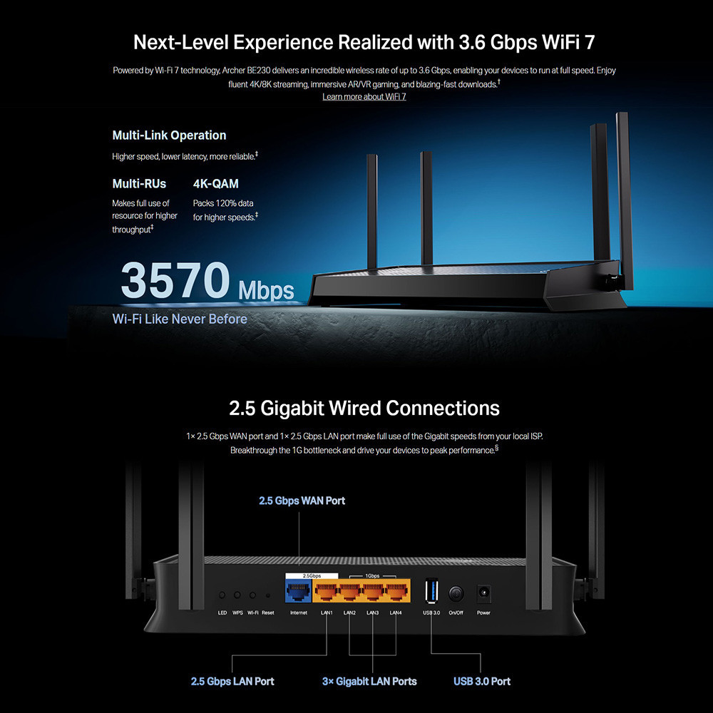 TP-Link Archer BE230 BE3600 Dual-Band Wi-Fi 7 Router TP-Link Archer BE230 BE3600 Dual-Band Wi-Fi 7 Router