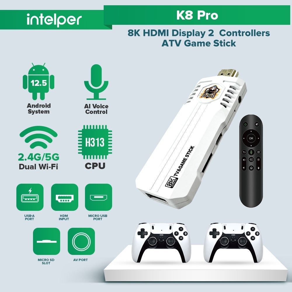 Intelper K8 Pro 8K UHD TV Game Stick 2+16GB BT4.0 ATV Voice Remote 5G Dual WiFi 40000+ 3D Games