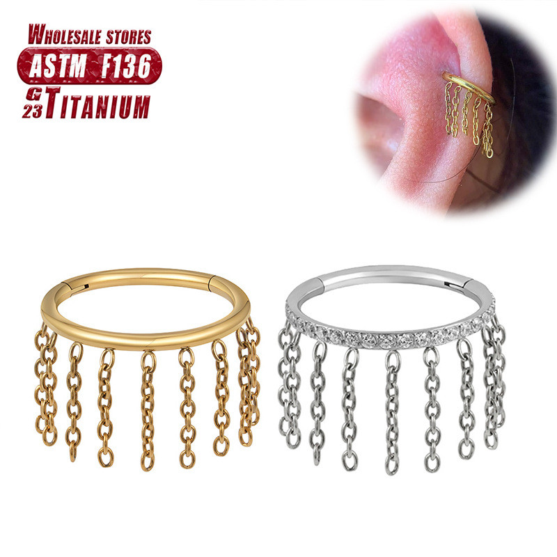 F136 titanium welded 9 chain nose ring perforated diamond implant grade septum cartilage earrings earrings hinge segment