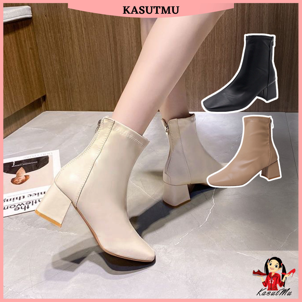 KASUTMU Women Shoes Martin Winter Boots Square Toe Thick High Heels Ankle Back Zip Tube Kasut Perempuan Fashion