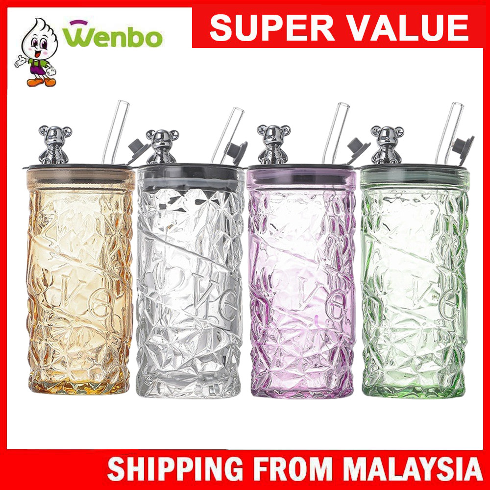 Wenbo Crystal Clear Transparent Glass Water Cup Diamond Bear Glass Cute Ins Style Juicer Mug Office Home Straw Cup