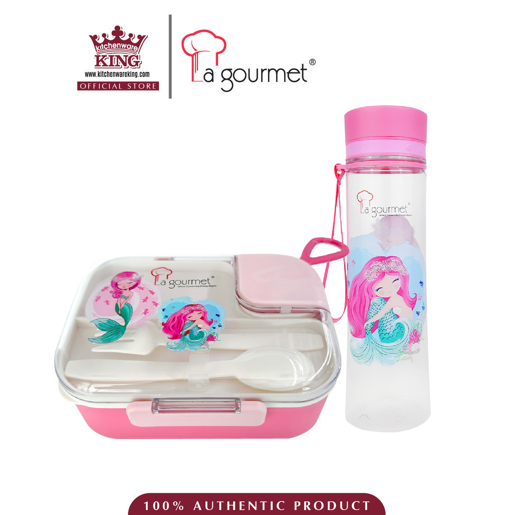 La Gourmet Sassy Kid 1100ml Plastic Rectangular Lunch Box with Cutleries + 1000ml Tritan Bottle - Mermaid