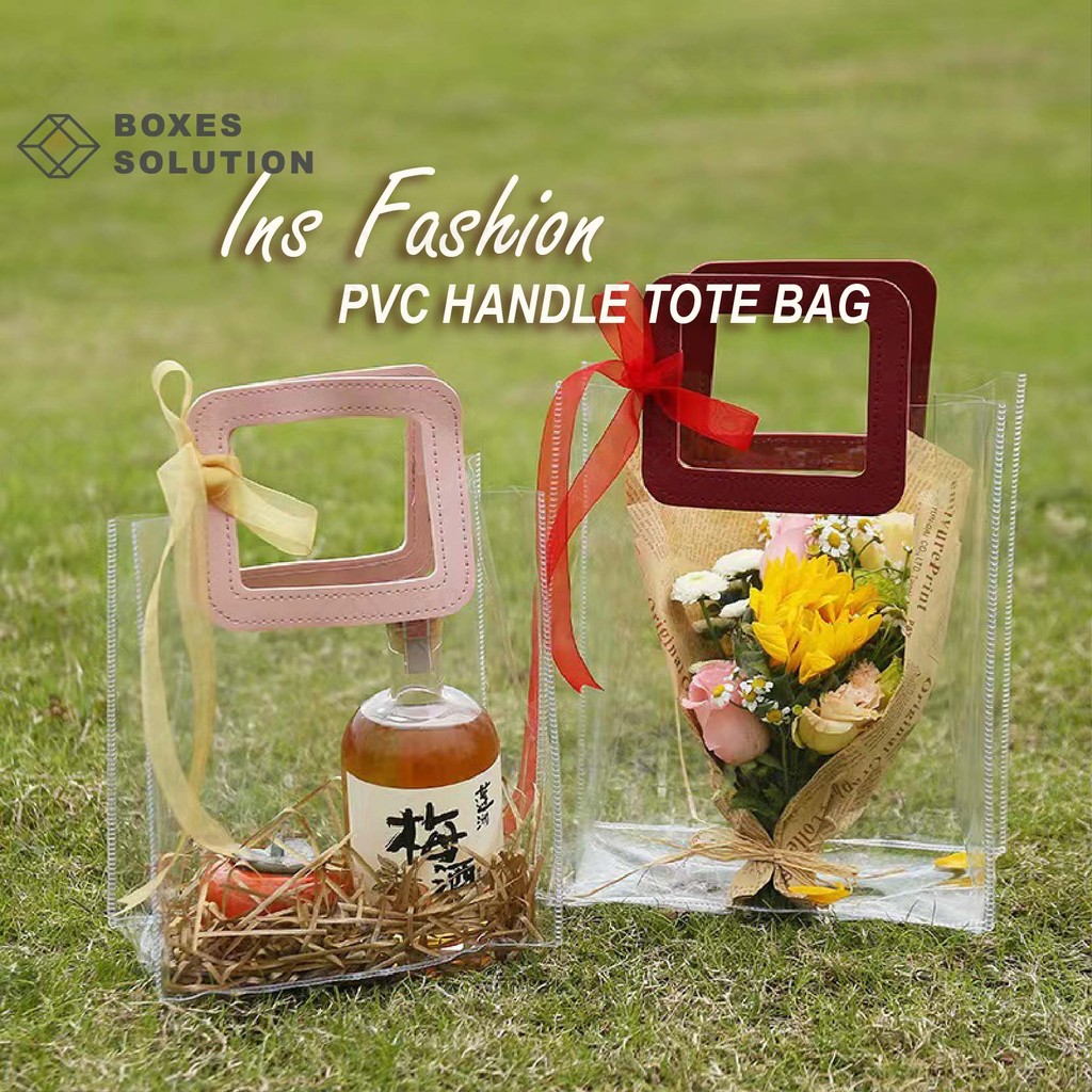 VBS 1pc Double Layer Premium Gift Bag Tote Handle Bag Wedding Event PVC Pu Leather Transparent HandBag Carrie Beg Hadiah