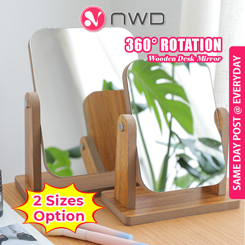 《 》360° Rotating Wooden Makeup Mirror Portable Vanity Mirrors Mini Desktop Table Mirror Cermin Solek 化妆镜
